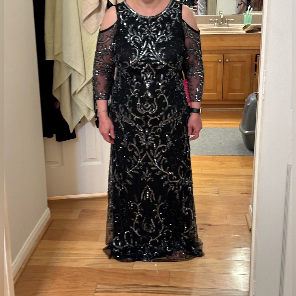 Crew Neck Beaded Sequin Cold Shoulder 3/4 Sleeve A-Line Gown - Picture 1 of 6